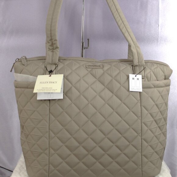 Ellen Tracy "Melanie" 20" Diamond Quilted Nylon East West Travel Tote – Timeless - Picture 1 of 16